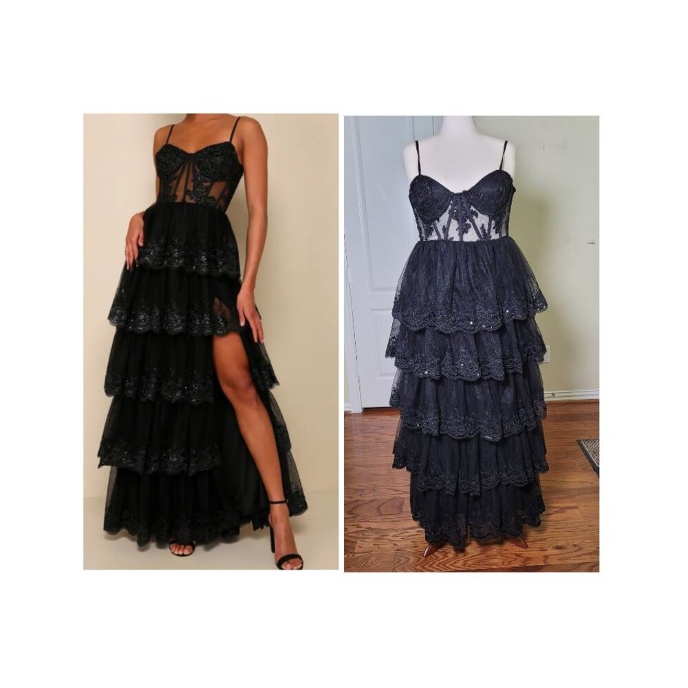 Lulus Maxi Dress Alluring Sensation Tulle Tiered Black Women L Dark Romantic